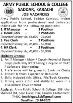 Army Public School & College Saddar Karachi Jobs 2025 – Army Public School & College Paksitan Jobs 2025 — original advertisement
