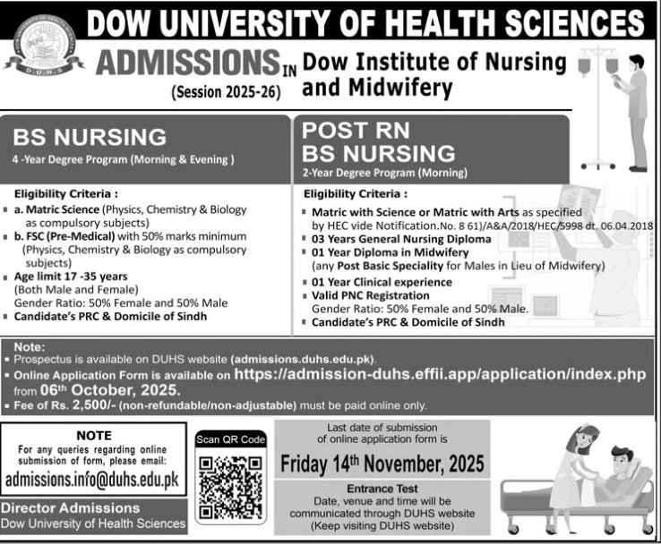 Admission Open in Dow University of Health Sciences 2025 – Dow University of Health Sciences Karachi Admissions 2025 — original advertisement