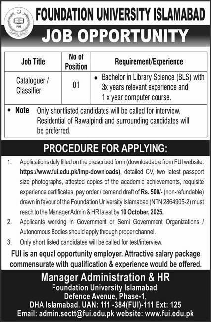 Founation University Islamabad Jobs 2025 – Foundation University islamabad Jobs 2025 — original advertisement