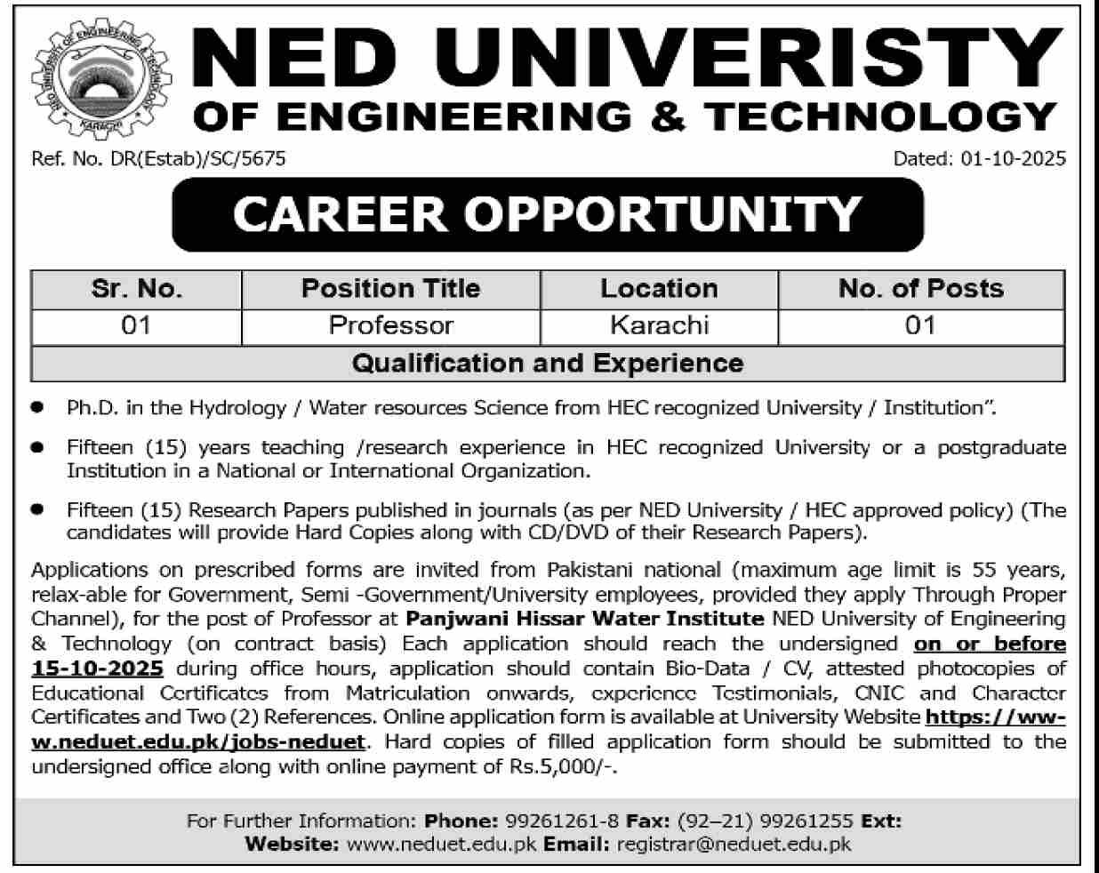 Ned University of Engineering And Technology Karachi Jobs Jobs 2025 — original advertisement