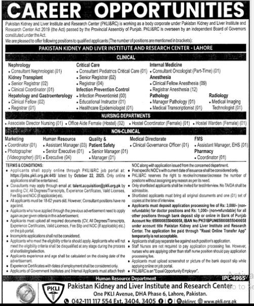 Pakistan Kidney & Liver Institute & Research Centre PKLI Job – Pakistan Kidney And Liver Institute (PKLI) And Research Centre Lahore Jobs 2025 — original advertisement