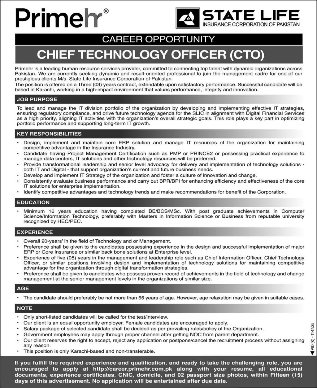 State Life Insurance Corporation Islamabad Jobs 2025 – State Life Insurance Corporation of Pakistan Jobs 2025 — original advertisement