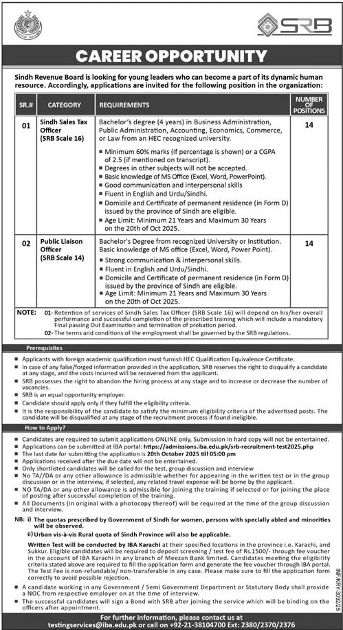Sindh Revenue Board KarachI Jobs 2025 – Board of Revenue Sindh Jobs 2025 — original advertisement