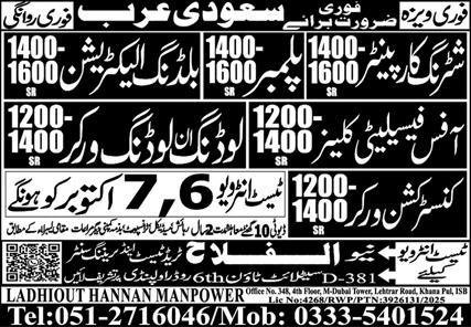 Shuttring Carpanter And Construction Worker Jobs in Ksa 2025 – Al Falah Trade Test Jobs 2025 — original advertisement