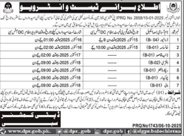 Deputy Commissioner Revenue Sibi Jobs Test Interview 2025 – Revenue Department Balochistan Jobs 2025 — original advertisement
