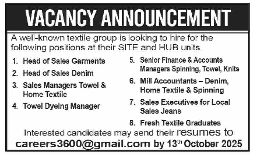 Textile Group Hub Jobs 2025 – Private Sector Organization Jobs 2025 — original advertisement