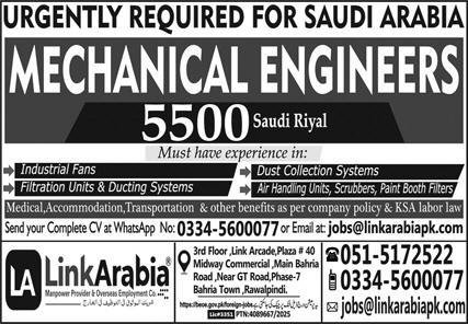 Mechanical Engineers Jobs in Saudia Arabia 2025 – Link Arabia Overseas Recruitment Jobs 2025 — original advertisement