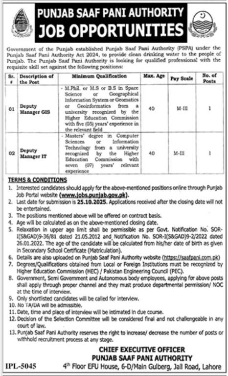 Punjab Saaf Pani Authority PSPA Lahore Jobs 2025 – Irrigation Department Punjab Jobs 2025 — original advertisement