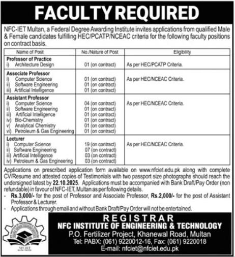 NFC Institute Of Engineering & Technology Multan Jobs 2025 Jobs 2025 — original advertisement