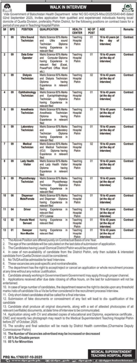Teaching Hospital Pishin Jobs Interview 2025 – Health Department Balochsitan Jobs 2025 — original advertisement