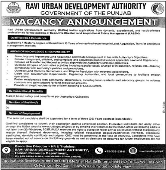 Ravi Urban Development Authority RUDA Lahore Jobs 2025 – Ravi Urban Development Authority RUDA Punjab Jobs 2025 — original advertisement