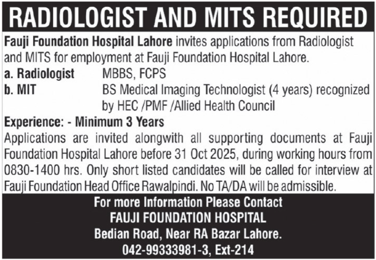 Fauji Foundation Hospital Lahore Jobs 2025 – Fauji Foundation Rawalpindi Jobs 2025 — original advertisement