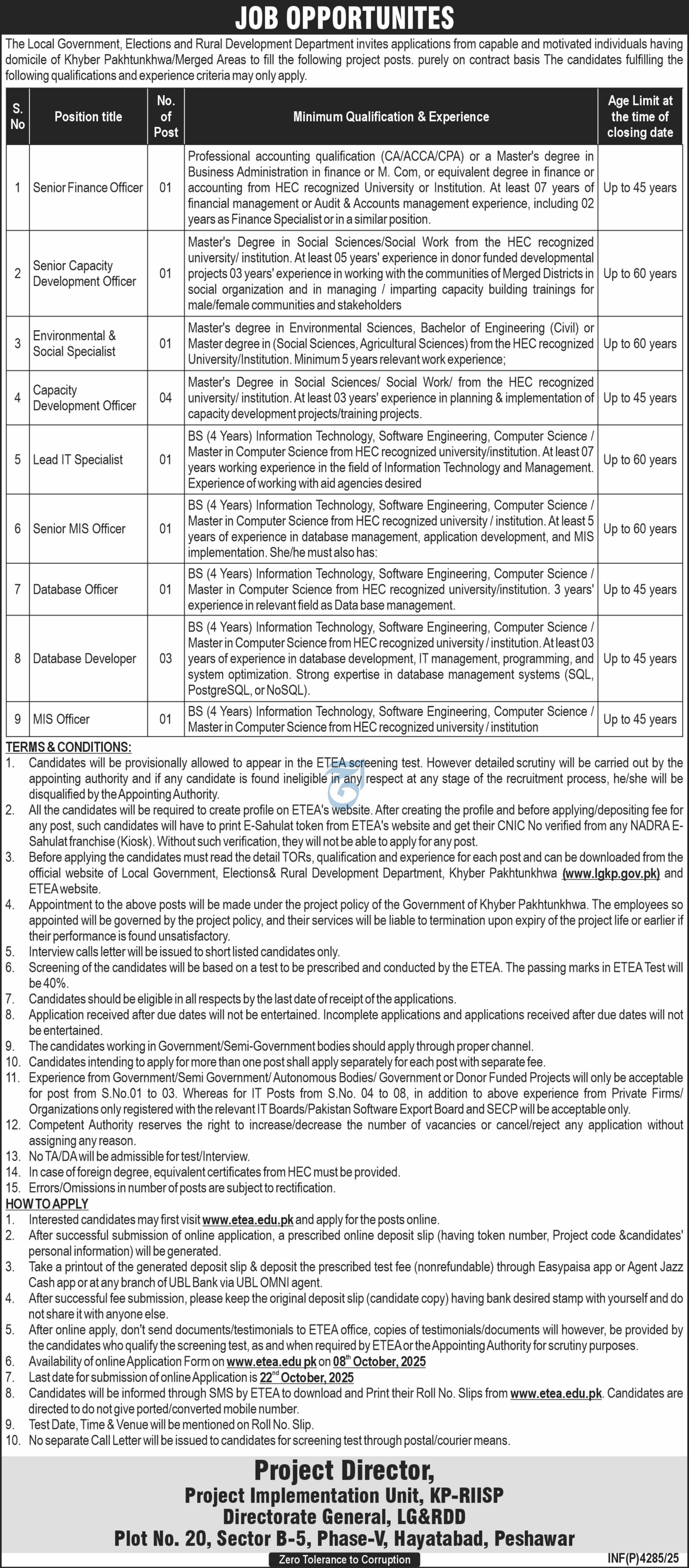 Local Government and Rural Development Department Jobs 2025 – Local Govt Department KPK Jobs 2025 — original advertisement