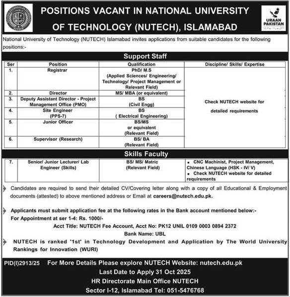 National University Of Technology NUTECH Jobs 2025 – National University of Technology NUTECH Islamabad Jobs 2025 — original advertisement
