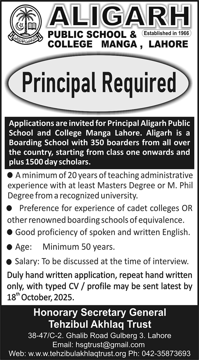 Aligarh Public School & College Lahore Job 2025 – Alighar Public School & College Jobs 2025 — original advertisement