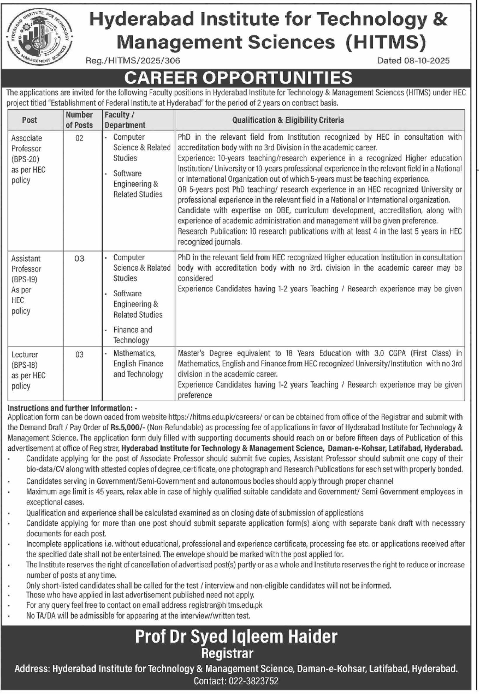 Hyderabad Institute For Technology HITMS Jobs 2025 – Hyderabad Institute For Technology & Management Sciences Jobs 2025 — original advertisement