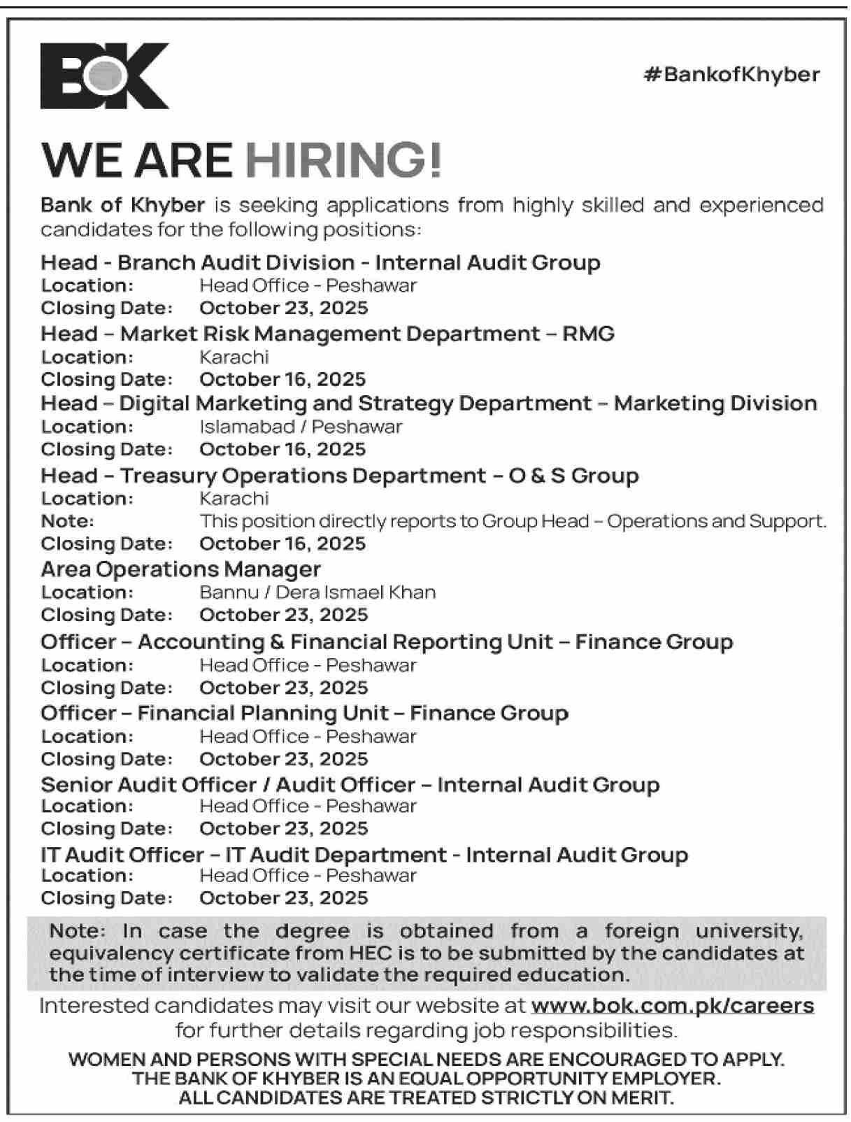 The Bank Of Khyber BOK Jobs 2025 For IT Audit Officer Jobs 2025 — original advertisement