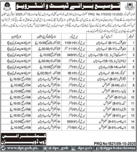 Commissioner Zhob Division Jobs Test & Interview 2025 – Revenue Department Balochistan Jobs 2025 — original advertisement