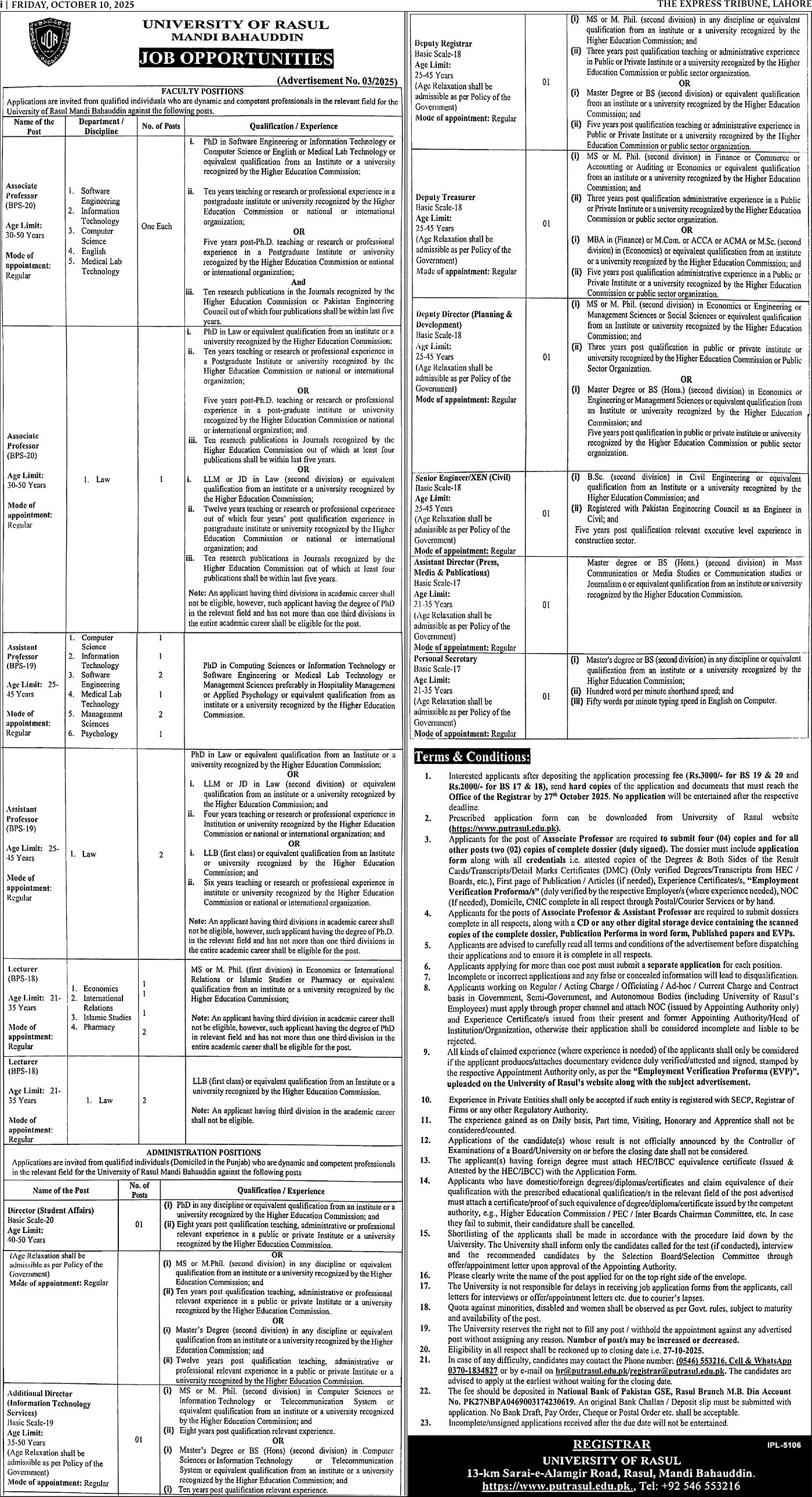 University Of Rasul Mandi Bahauddin Jobs 2025 – Punjab University of Technology Rasul District Mandi Bahaudin Jobs 2025 — original advertisement