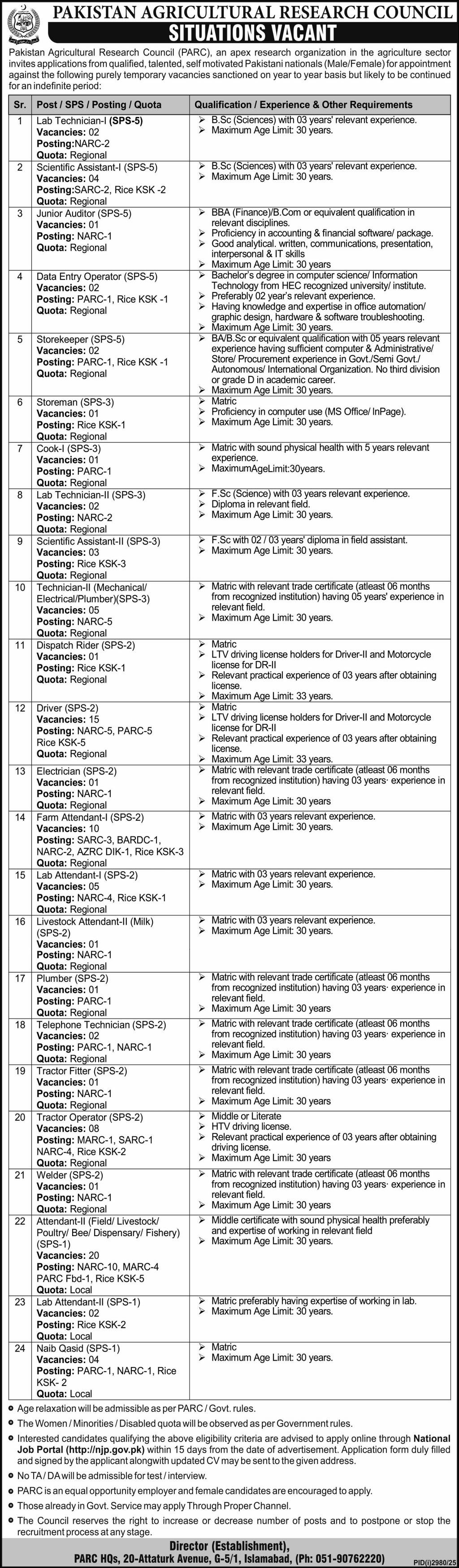 PARC Pakistan Agricultural Research Council Jobs 2025 – Pakistan Agricultural Research Council Islamabad Jobs 2025 — original advertisement