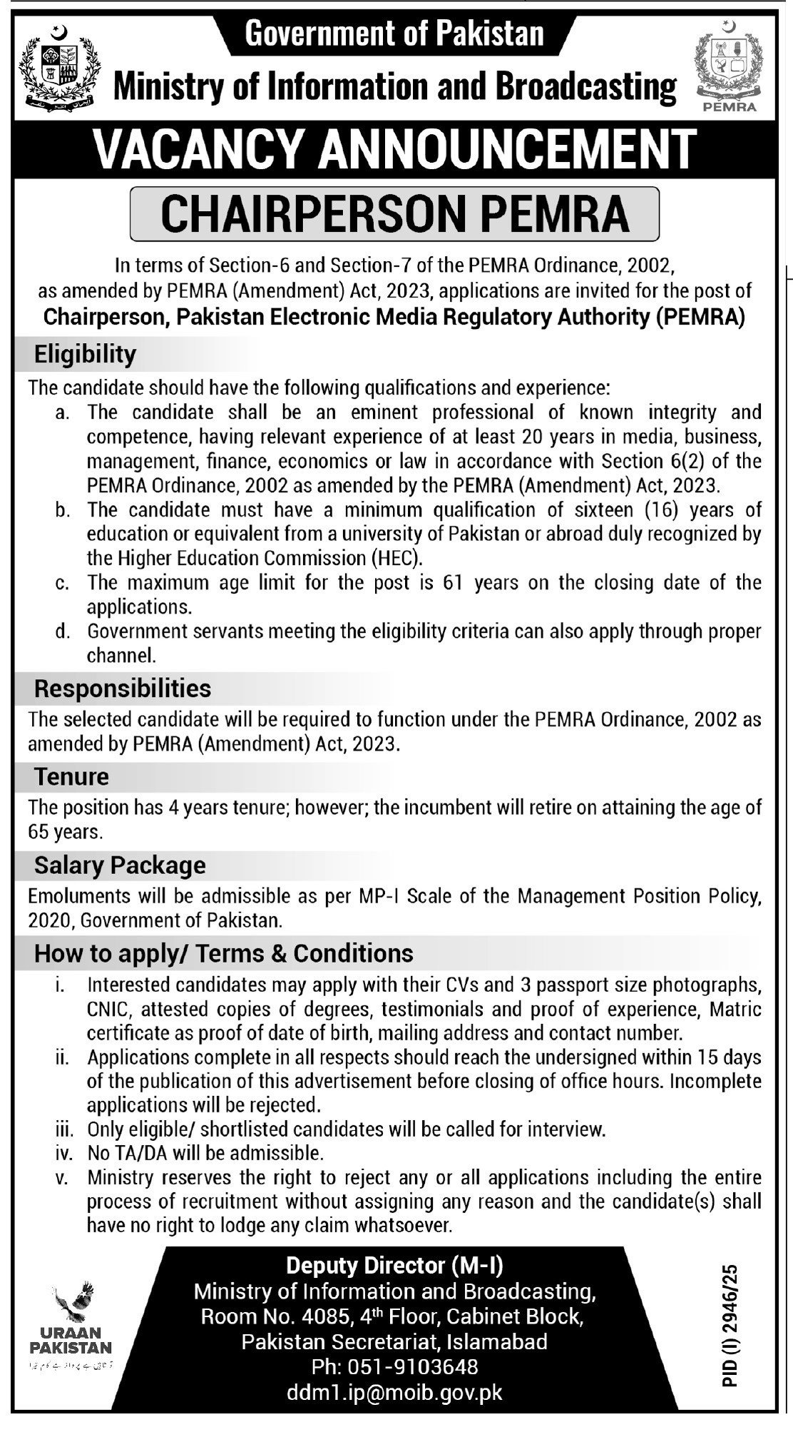 Ministry Of Information & Broadcasting Islamabad Jobs 2025 – Ministry of Information & Broadcasting Pakistan Jobs 2025 — original advertisement
