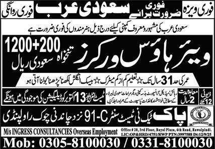 Whare House Worker Jobs in Saudia Arabia 2025 – Pak Techni Test Center Jobs 2025 — original advertisement