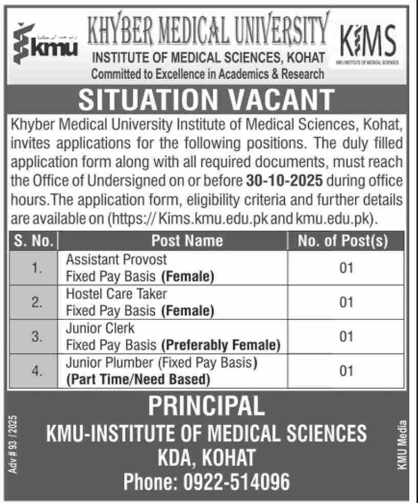 Khyber Medical University KMU Kohat Jobs 2025 – Khyber Medical University Peshawar Jobs 2025 — original advertisement