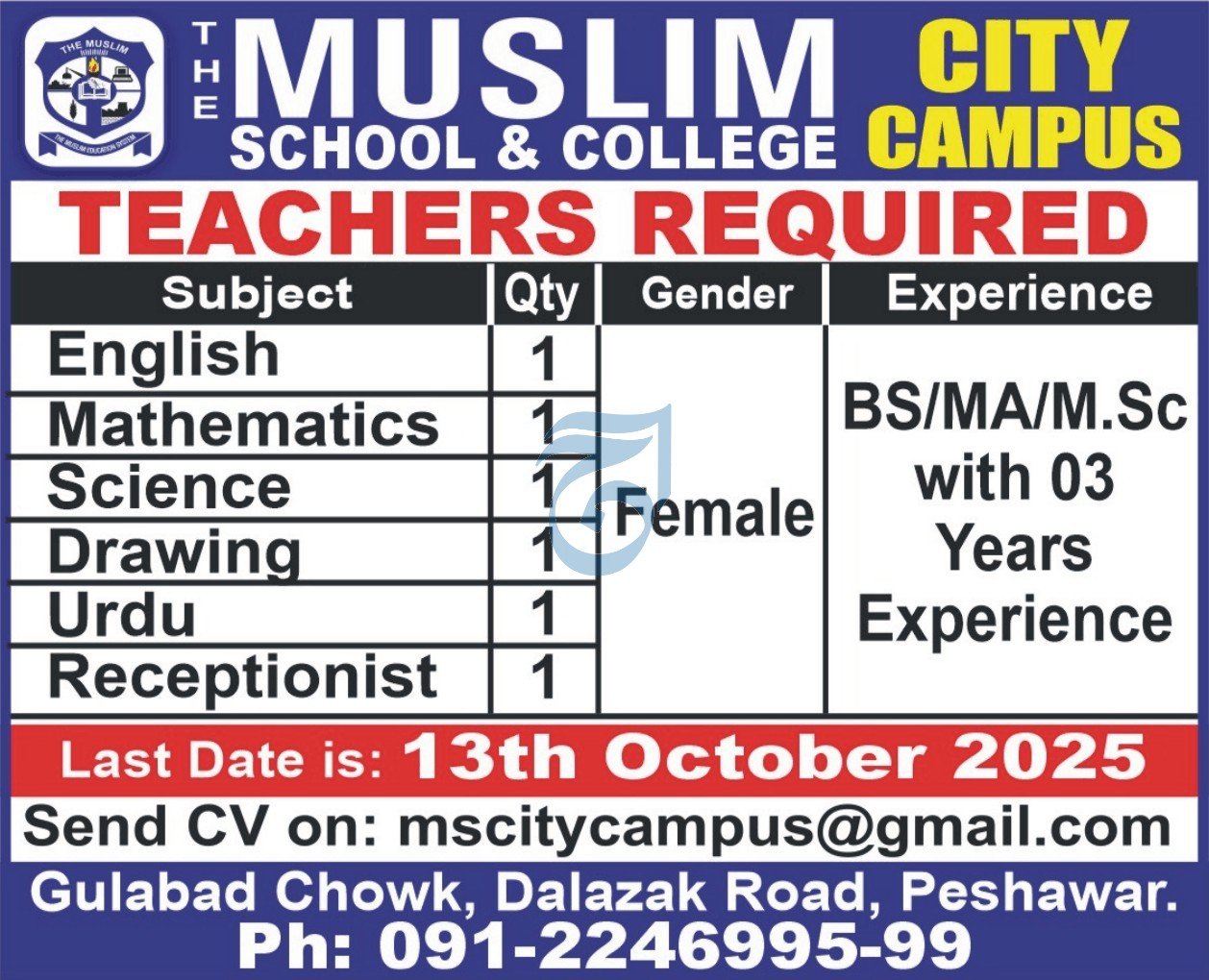 The Muslim High School and College Peshawar Jobs 2025 Jobs 2025 — original advertisement