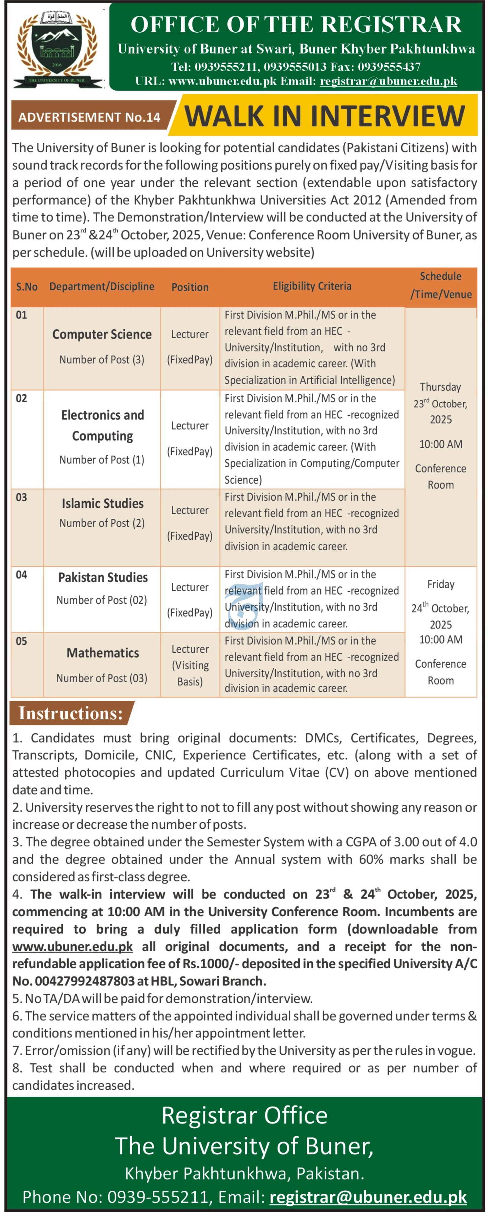 University of Buner Khyber Pakhtunkhwa Jobs 2025 Jobs 2025 — original advertisement
