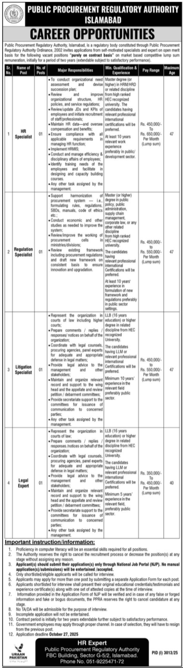 Public Procurement Regulatory Authority Jobs 2025 – Public Procurement Regulatory Authority PPRA Jobs 2025 — original advertisement