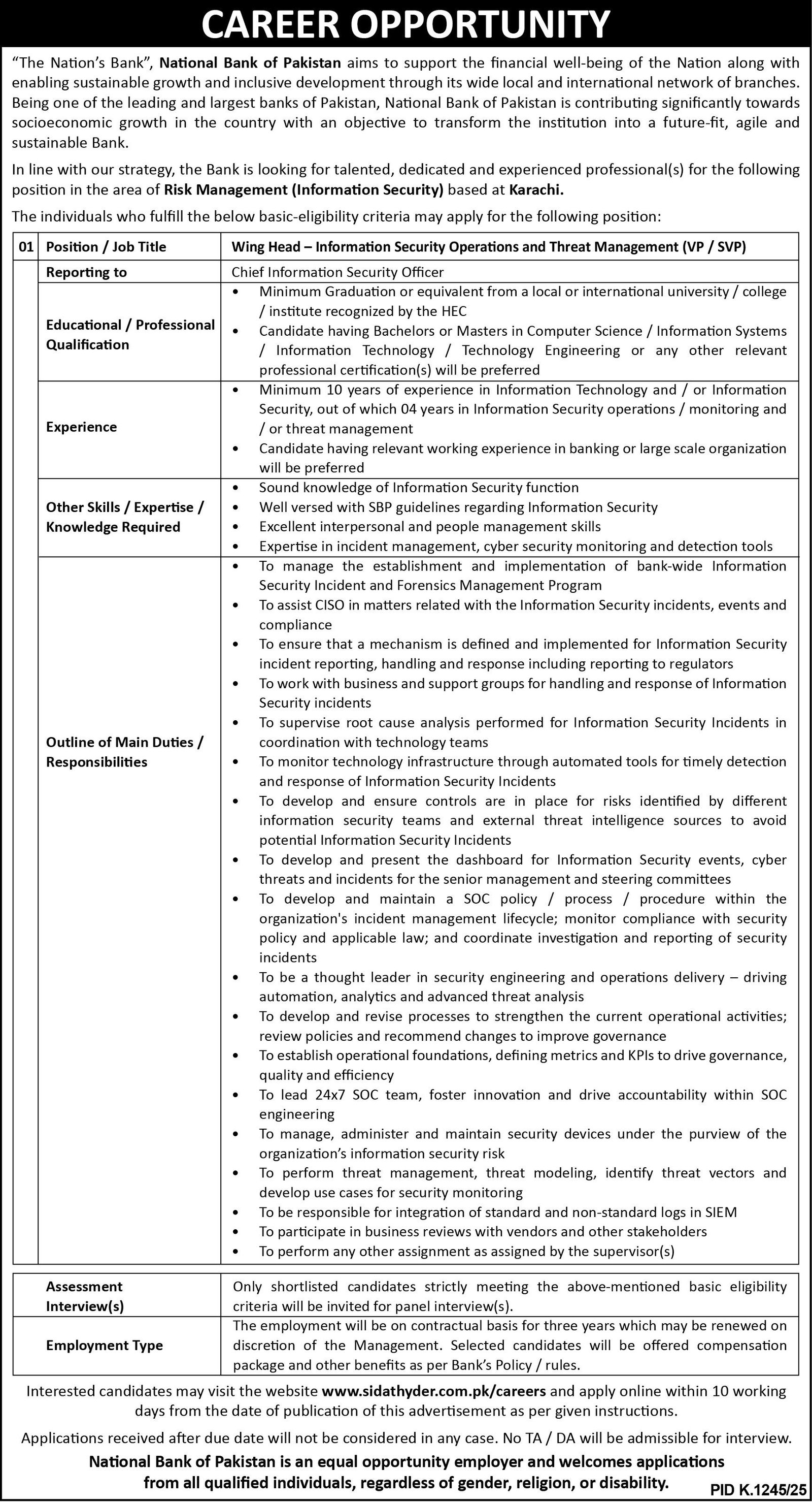 National Bank Of Pakistan NBP Karachi Jobs 2025 Jobs 2025 — original advertisement