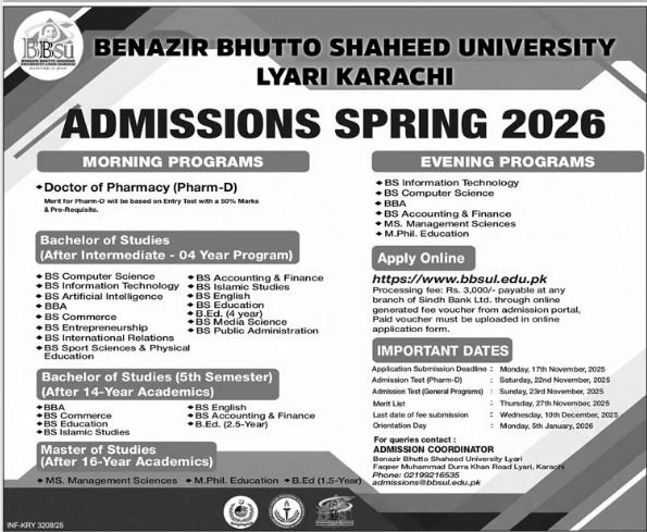 Admission Open in Benazir Bhutto Shaheed Univerisity Lyari – Benazir Bhutto Shaheed University Lyari Admissions 2025 — original advertisement