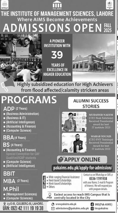 Admission Open in Institute of Management Science lahore – Institute of Management Sciences Lahore Admissions 2025 — original advertisement