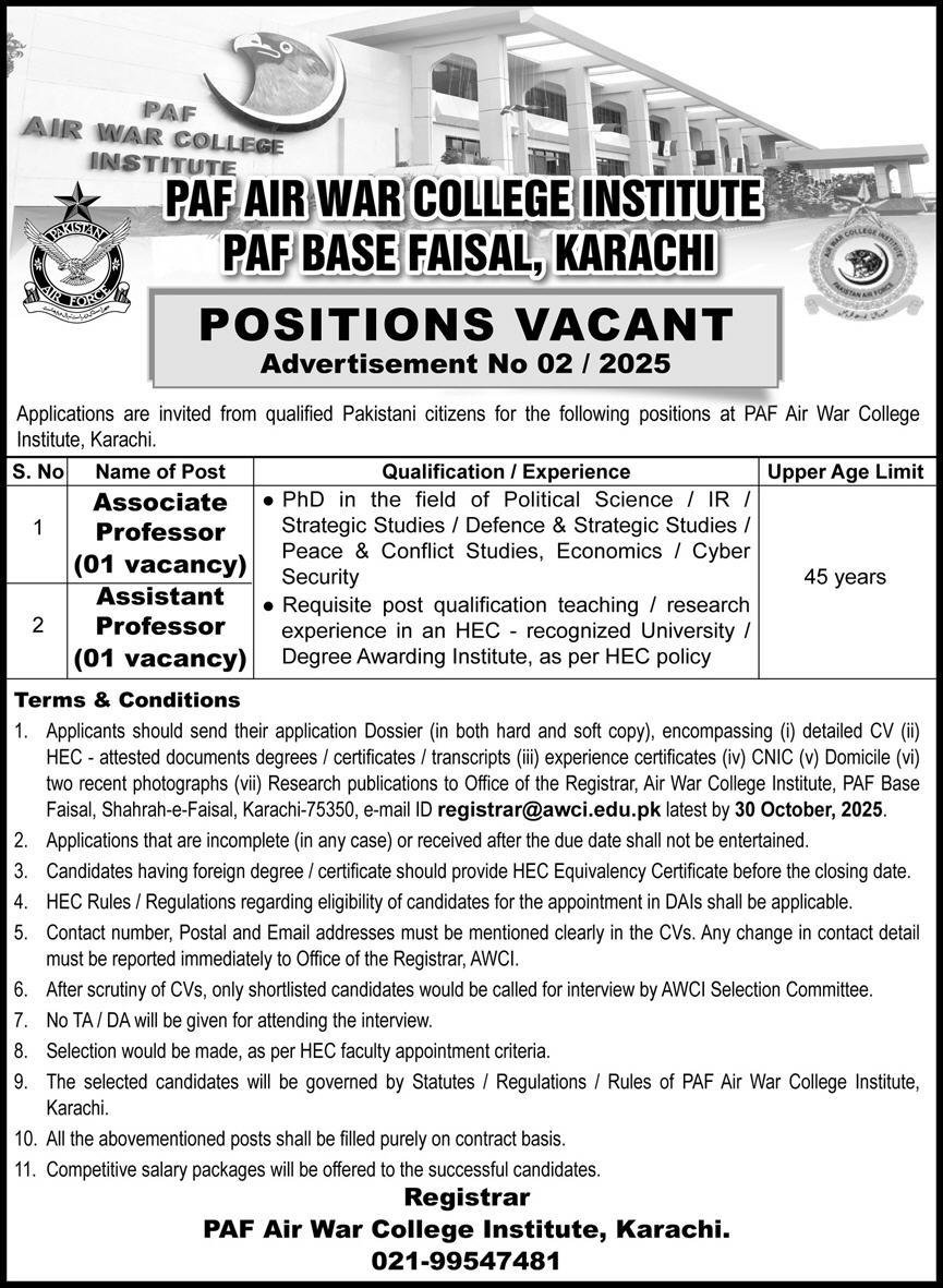 Pakistan Air War College Institute Paf Base Faisal Jobs – Pakistan Air Force Jobs 2025 — original advertisement