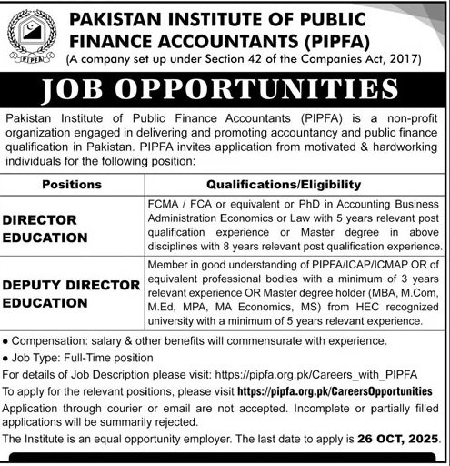 Pakistan Institute of Public Finance Accounts Pipfa Jobs – Pakistan Institute of Public Finance Accountants Jobs 2025 — original advertisement