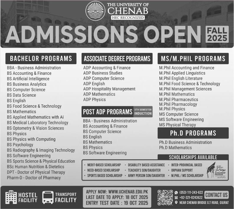 Admission Open in The University of Chenab 2025 Admissions 2025 — original advertisement