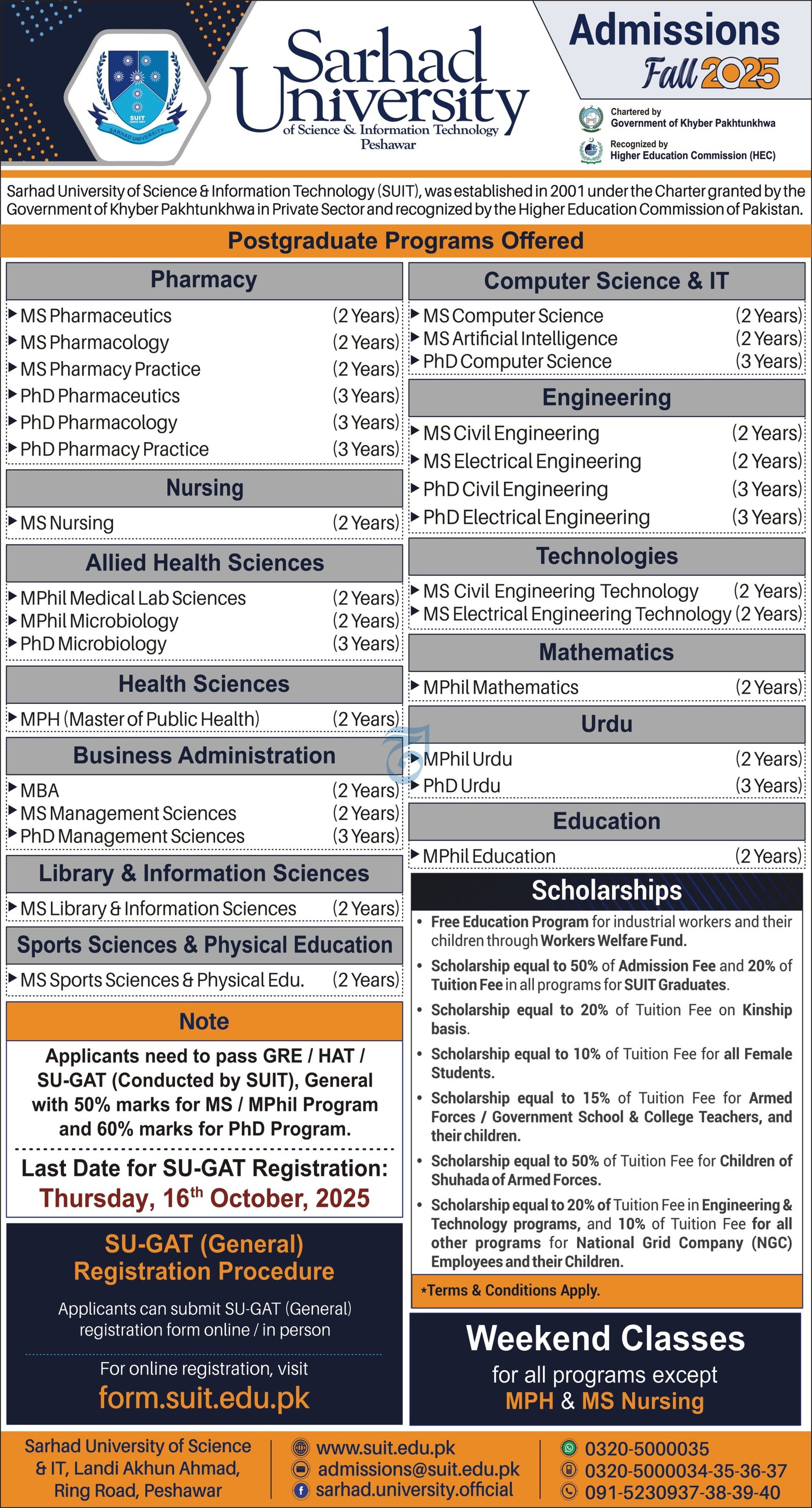 Admission Open in Sarhad University of Science And Technolog – Sarhad University of Science and Information Technology Peshawar Admissions 2025 — original advertisement