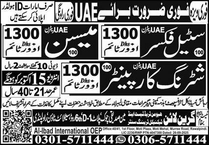 Steel Fixer And Mason Jobs in United Arab Emerities 2025 – Green Line Human Resource Manpower Jobs 2025 — original advertisement