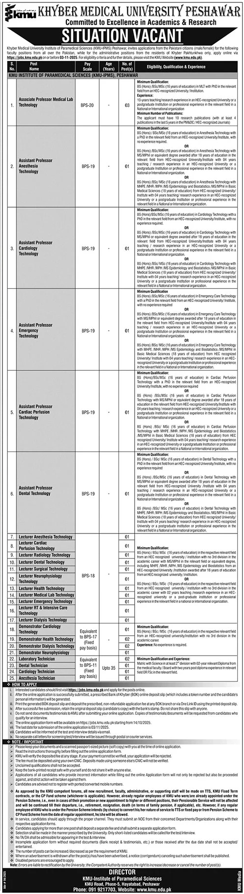 Khyber Medical University KMU Peshawar Jobs 2025 – Khyber Medical University Peshawar Jobs 2025 — original advertisement