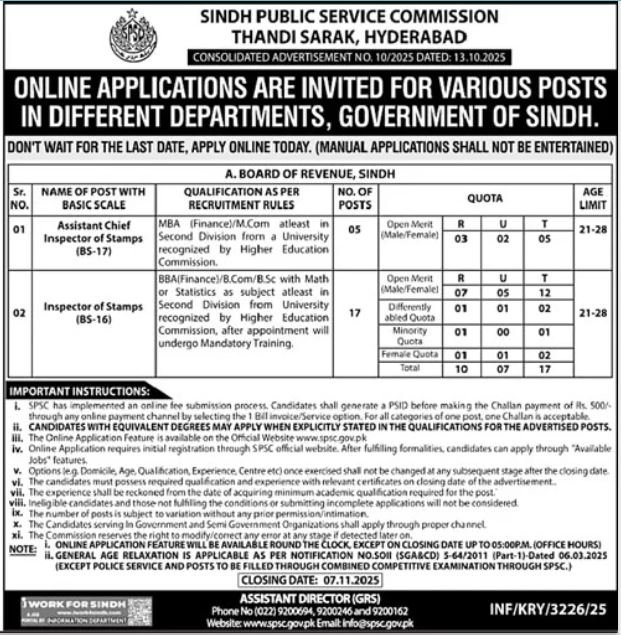 SPSC Sindh Public Service Commission Jobs 2025 – Sindh Public Service Commission at Karachi Jobs 2025 — original advertisement
