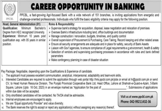 Punjab Provincial Cooperative Bank Limited PPCBL Jobs 2025 – The Punjab Provincial Cooperative Bank Jobs 2025 — original advertisement