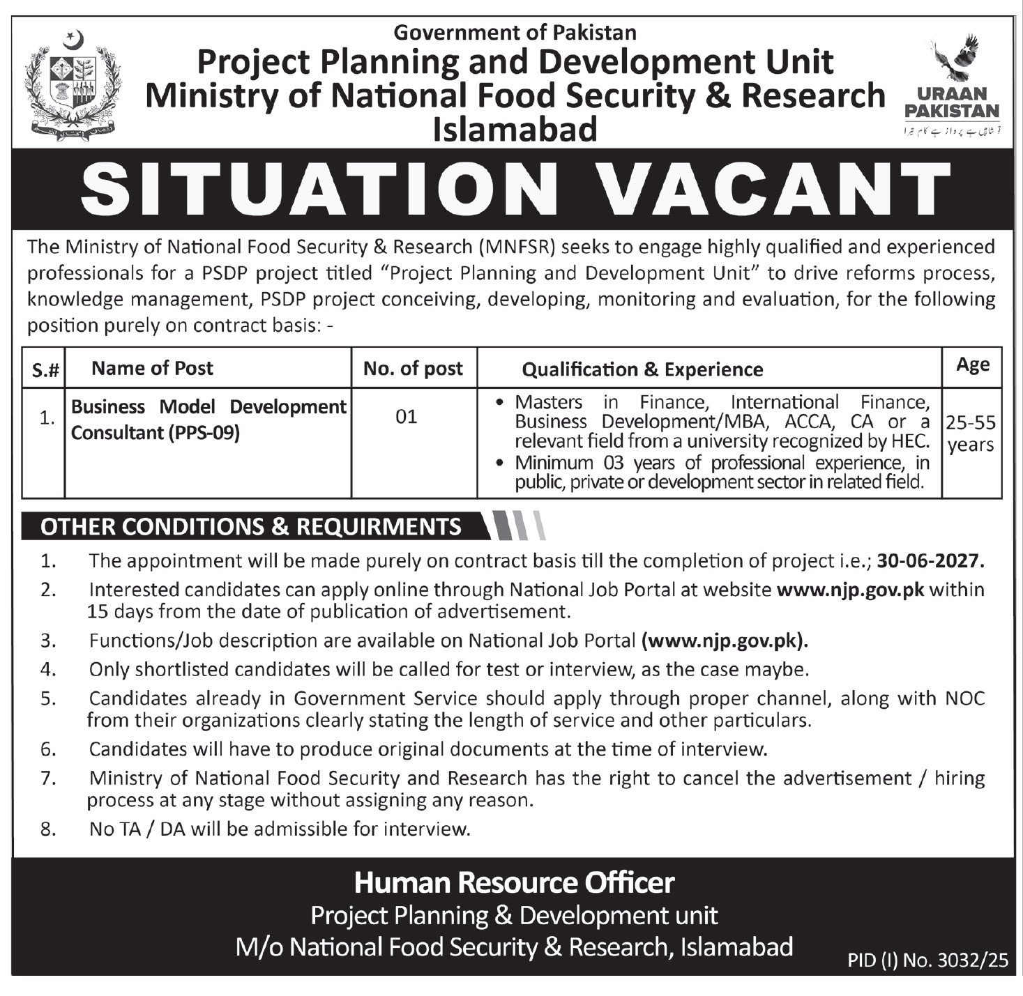 Ministry Of National Food Security & Research MNFSR Jobs Jobs 2025 — original advertisement