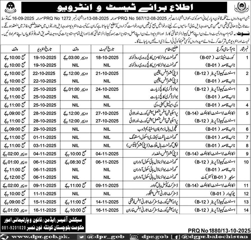 Law & Parliamentary Affairs Department Jobs Interview 2025 – Law and Parliamentary Affairs Department Balochistan Jobs 2025 — original advertisement
