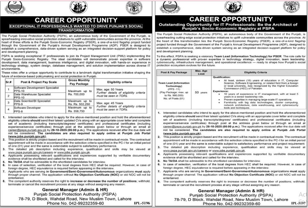 Punjab Social Protection Authority PSPA Lahore Jobs 2025 Jobs 2025 — original advertisement