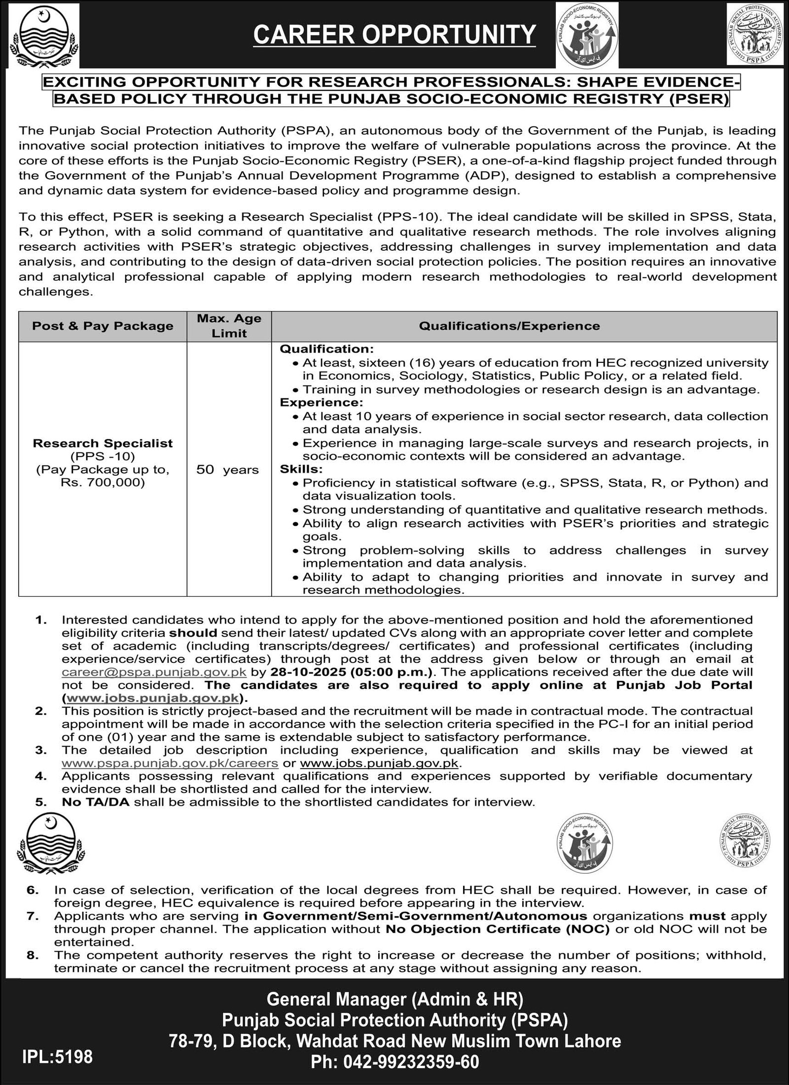 PSPA Punjab Social Protection Authority Lahore Jobs 2025 Jobs 2025 — original advertisement
