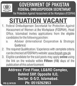 Federal Ombudsman Secretariat Jobs 2025 For Advisor – Federal Tax Ombudsman Secretariat Pakistan Islamabad Jobs 2025 — original advertisement