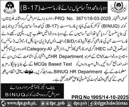 Balochistan Institute Of Nephrology Urology BINUQ Jobs 2025 – Balochistan Institute of Nephrology Urology (BINUQ) Quetta Jobs 2025 — original advertisement