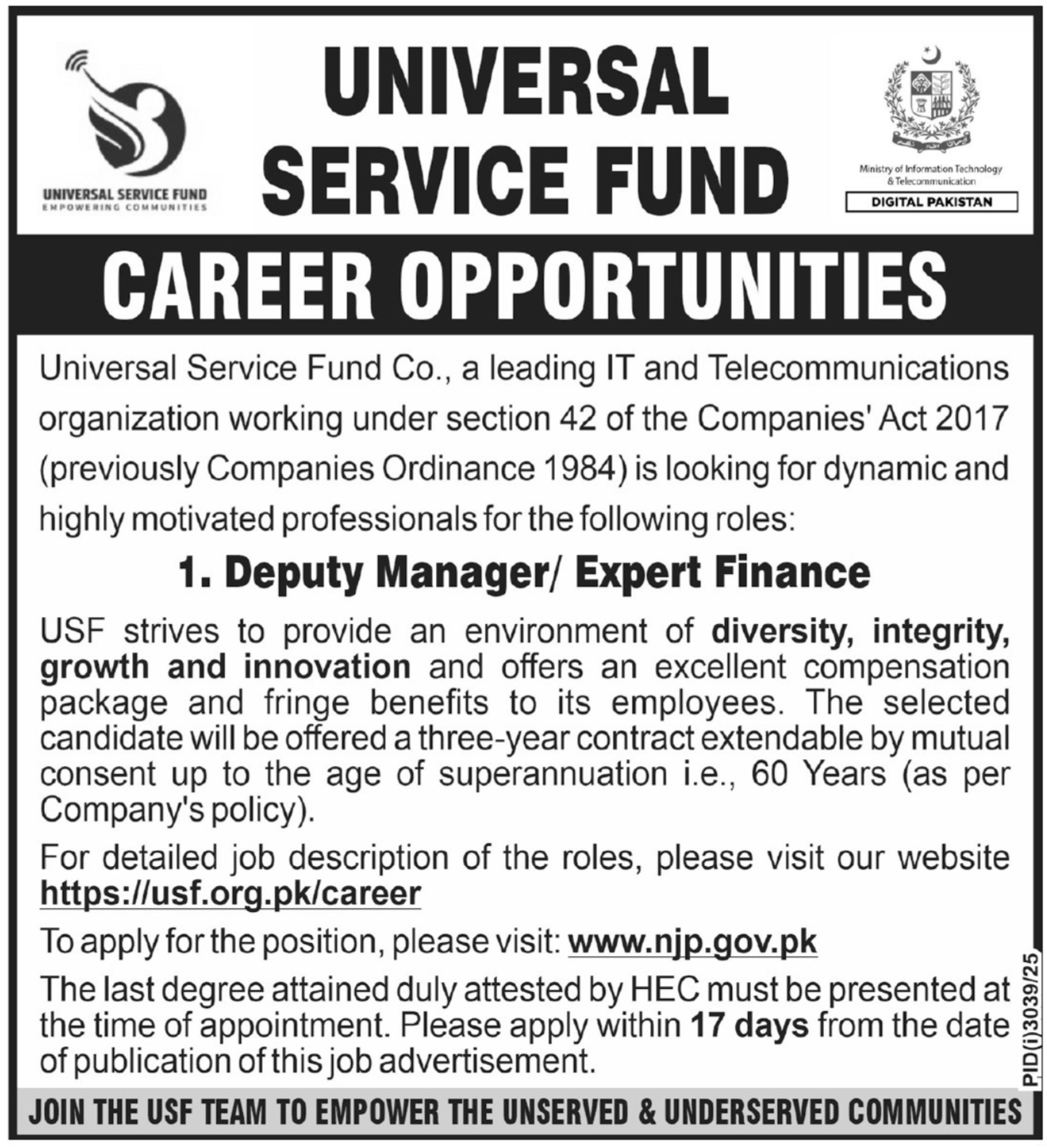 Universal Service Fund Islamabad Jobs 2025 Jobs 2025 — original advertisement