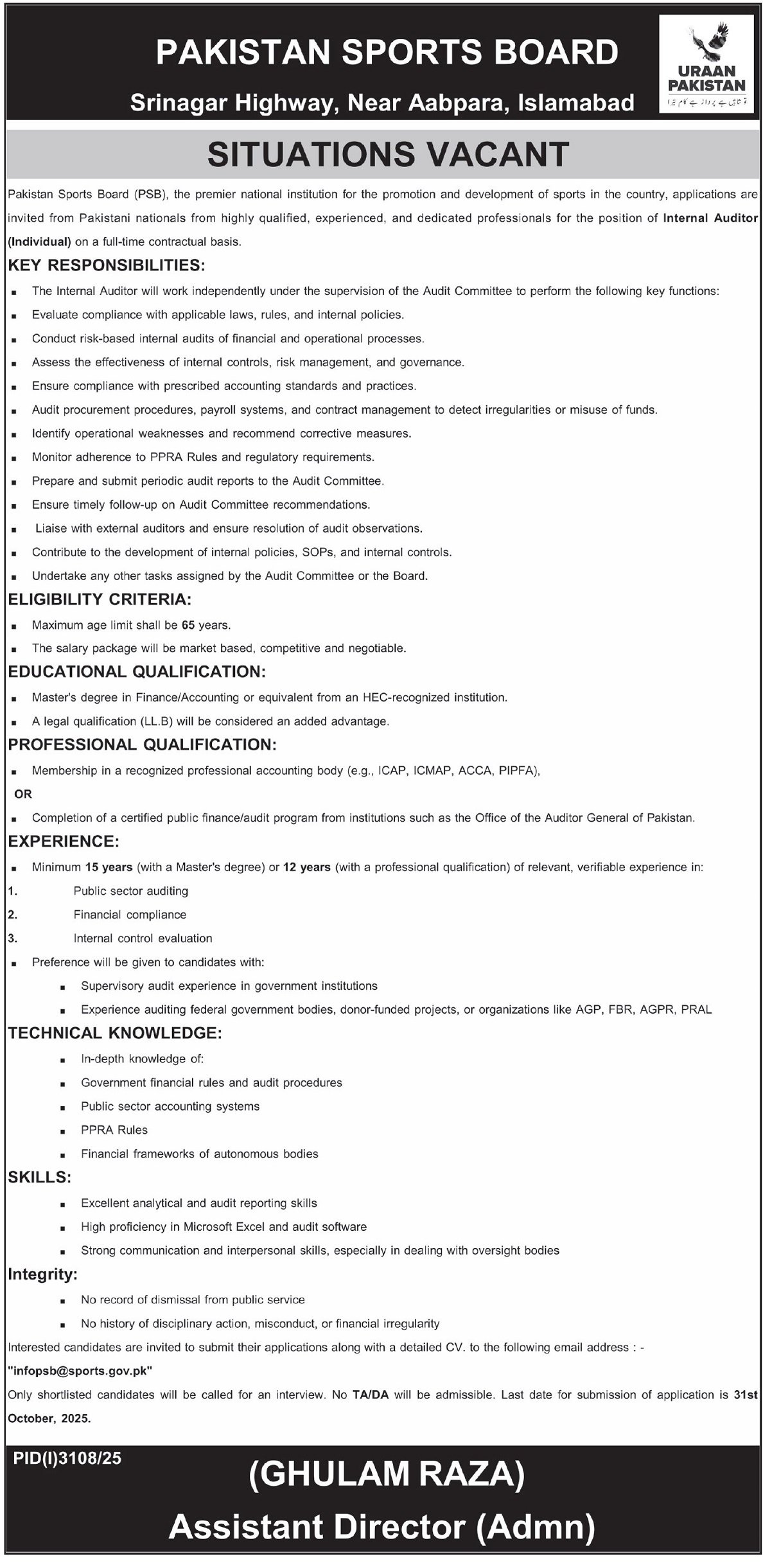 Pakistan Sports Board Islamabad Job 2025 – Pakistan Sports Board PSB Jobs 2025 — original advertisement