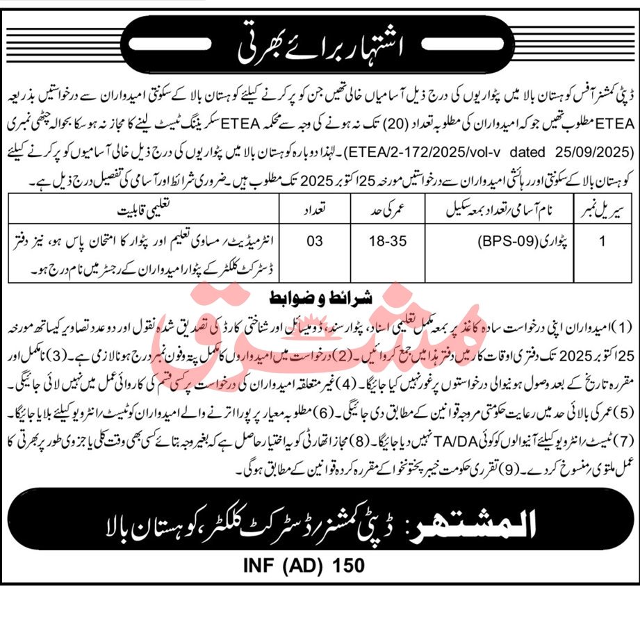 Deputy Commissioner Office Kohistan Job Notice 2025 – Revenue Department KPK Jobs 2025 — original advertisement